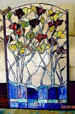 20 x 34 Large Handcrafted stained glass window panel Flowers blue multicolored