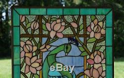 20 x 34 Large Tiffany Style stained glass peacock window panel