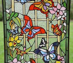 20 x 34 Large Tiffany Style stained glass window panel Butterfly Garden Flower