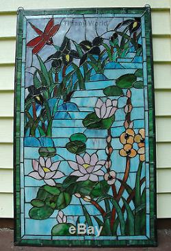 20 x 34 Large Tiffany Style stained glass window panel Dragonfly water lily