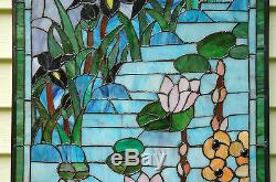 20 x 34 Large Tiffany Style stained glass window panel Dragonfly water lily