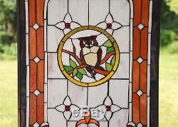 20 x 34 Large Tiffany Style stained glass window panel owl on the tree