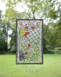 20 x 34 Lg Decorative Handcrafted Jeweled stained glass window panel flower
