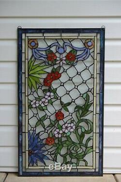 20 x 34 Lg Decorative Handcrafted Jeweled stained glass window panel flower