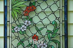 20 x 34 Lg Decorative Tiffany Style Jeweled stained glass window panel flower