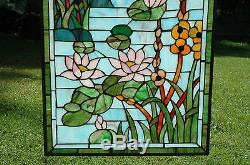 20 x 34 Lg Decorative Tiffany Style stained glass window panel Dragonfly Lotus