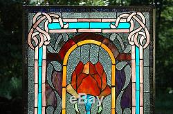 20 x 34 Lg Home Decor Tiffany Style stained glass window panel Big Rose flower