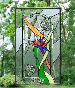 20 x 34 Stained Beveled window panel STRELIZIA Reginae, Bird of Paradise