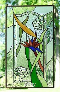 20 x 34 Stained Beveled window panel STRELIZIA Reginae, Bird of Paradise