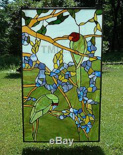 20 x 34 Tiffany Style stained glass window panel 2 parrots