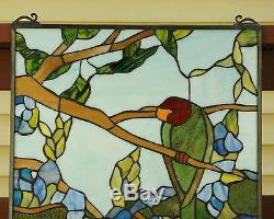 20 x 34 Tiffany Style stained glass window panel 2 parrots birds on the tree