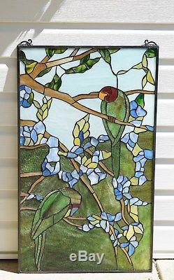 20 x 34 Tiffany Style stained glass window panel 2 parrots birds on the tree
