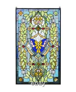 20 x 34 Tiffany Style stained glass window panel Butterfly Flower glass panel