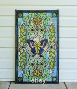 20 x 34 Tiffany Style stained glass window panel Butterfly Flower glass panel