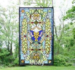 20 x 34 Tiffany Style stained glass window panel Butterfly Flower glass panel