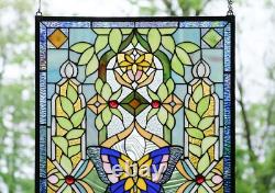 20 x 34 Tiffany Style stained glass window panel Butterfly Flower glass panel