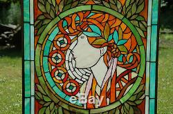20 x 34 Tiffany Style stained glass window panel Jeweled deco girl