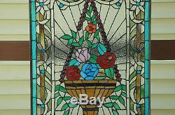 20 x 34 Tiffany Style stained glass window panel Jeweled flower basket