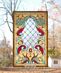 20 x 34 Tiffany Style stained glass window panel Jeweled glass panel