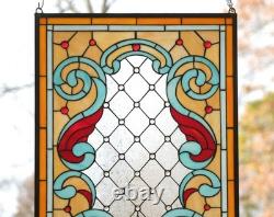 20 x 34 Tiffany Style stained glass window panel Jeweled glass panel