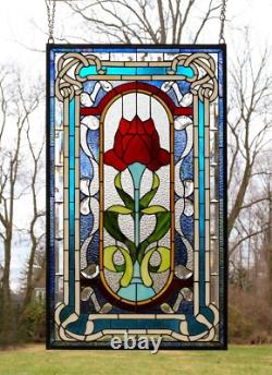 20 x 34 Tiffany Style stained glass window panel one big Rose Flower QA368