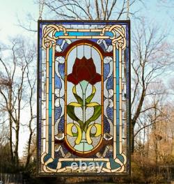 20 x 34 Tiffany Style stained glass window panel one big Rose Flower QA368