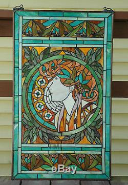 20 x 34 deco girl Tiffany Style stained glass Jeweled window panel