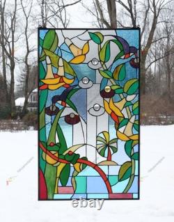 20 x 34 stained glass window panel morning glory flower frog hummingbird pond