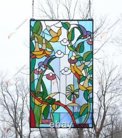 20 x 34 stained glass window panel morning glory flower frog hummingbird pond