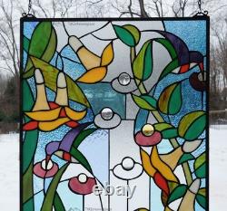 20 x 34 stained glass window panel morning glory flower frog hummingbird pond