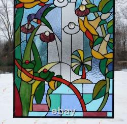 20 x 34 stained glass window panel morning glory flower frog hummingbird pond