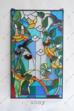 20 x 34 stained glass window panel morning glory flower frog hummingbird pond