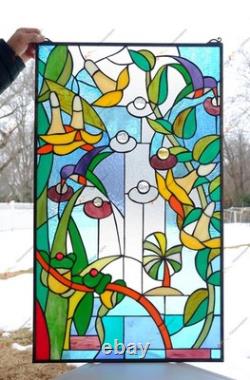 20 x 34 stained glass window panel morning glory flower frog hummingbird pond