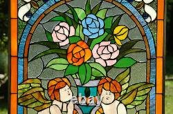 20 x 34 two baby angel Handcrafted stained glass Jeweled window panel