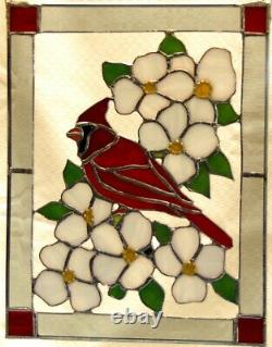 2022 Handmade Stained Glass Panel of a Male Cardinal perching in a Dogwood Tree