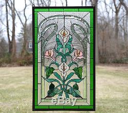 21 x 35 Stained glass window panel Lily Flower Beveled Clear Glass SOLD AS IS