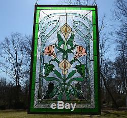 21 x 35 Stained glass window panel Lily Flower Beveled Clear Glass SOLD AS IS