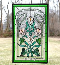 21 x 35 Stained glass window panel Lily Flower Beveled Clear Glass SOLD AS IS