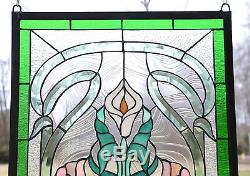 21 x 35 Stained glass window panel Lily Flower Beveled Clear Glass SOLD AS IS