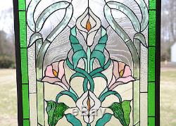 21 x 35 Stained glass window panel Lily Flower Beveled Clear Glass SOLD AS IS