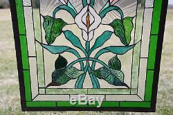 21 x 35 Stained glass window panel Lily Flower Beveled Clear Glass SOLD AS IS