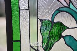 21 x 35 Stained glass window panel Lily Flower Beveled Clear Glass SOLD AS IS