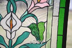 21 x 35 Stained glass window panel Lily Flower Beveled Clear Glass SOLD AS IS