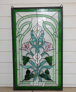 21 x 35 Stained glass window panel Lily Flower Beveled Clear Glass SOLD AS IS