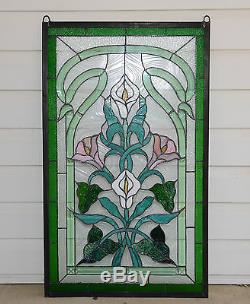 21 x 35 Stained glass window panel Lily Flower Beveled Clear Glass SOLD AS IS