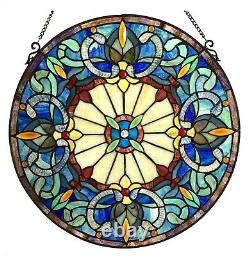 22 Victorian Tiffany Style Stained Glass Round Hanging Window Panel with Chain