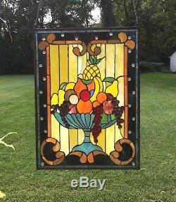 22 X 30 Tiffany Style stained glass window panel Fruit Basket Grape, Apple Etc