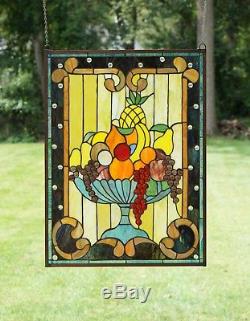 22 X 30 Tiffany Style stained glass window panel Fruit Basket Grape, Apple Etc