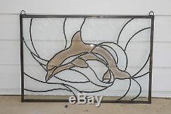 24.25 x 16.5 Tiffany Style stained glass Clear Beveled Dolphin window panel