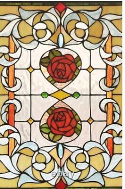 24.4 x 17.7 Floral Delight Roses Tiffany Style Stained Glass Window Panel